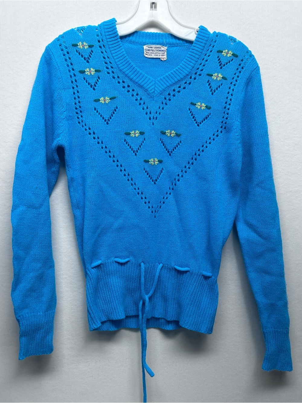 Bright Blue V-Neck Pointelle Sweater with Drawstring vintage large (runs small)